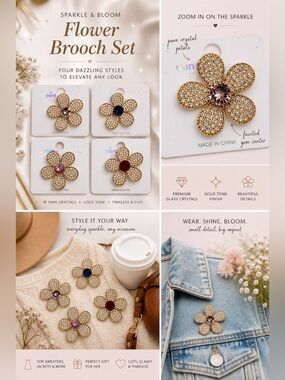 Flower Brooch Set - Gold Tone with Multi Gem Centers